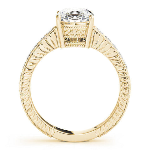 Yellow gold Oval Cut Diamond Milgrain Pave Band Four-Prong Setting Ring