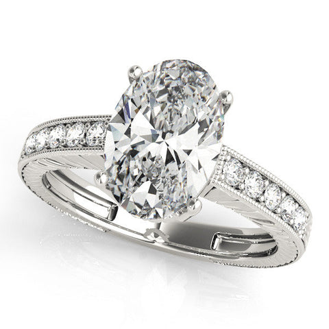 White gold Oval Cut Diamond Milgrain Pave Band Four-Prong Setting Ring