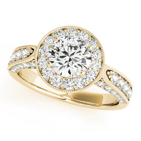 Yellow gold Cushion Halo Diamond Engagement Ring with Split Shank Band and Four-Prong Setting