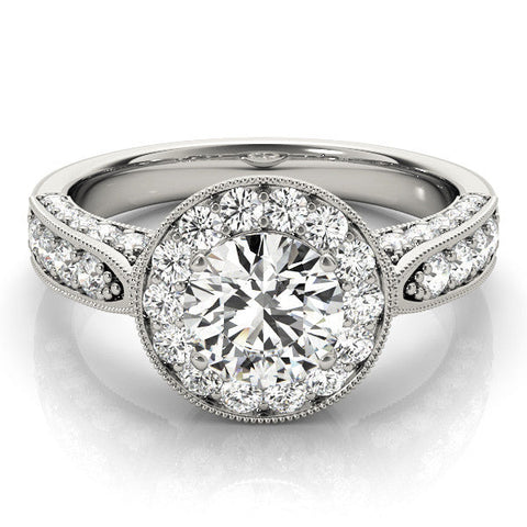 Platinum Emerald Halo Diamond Engagement Ring with Split Shank Band and Four-Prong Setting