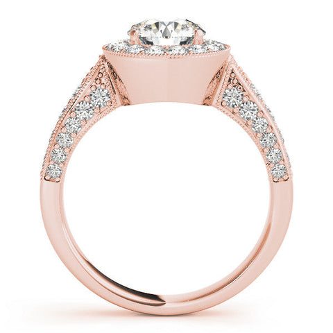 Rose gold Emerald Halo Diamond Engagement Ring with Split Shank Band and Four-Prong Setting