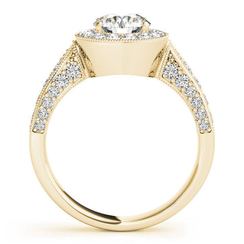 Yellow gold Cushion Halo Diamond Engagement Ring with Split Shank Band and Four-Prong Setting