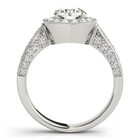 Platinum Emerald Halo Diamond Engagement Ring with Split Shank Band and Four-Prong Setting
