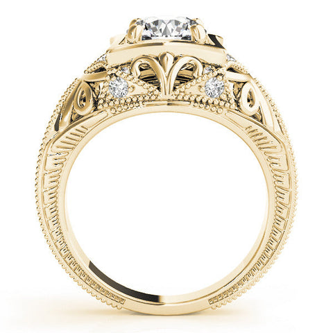 Yellow gold Cushion Brilliant Milgrain Filigree Solitaire with Bezel and Prong Setting