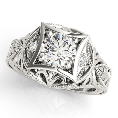 White gold Round Brilliant Milgrain Filigree Solitaire with Bezel and Prong Setting