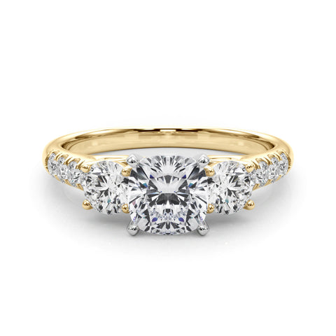 Yellow gold Three-Stone Cushion Cut Diamond Pavé Band with Four-Prong Setting