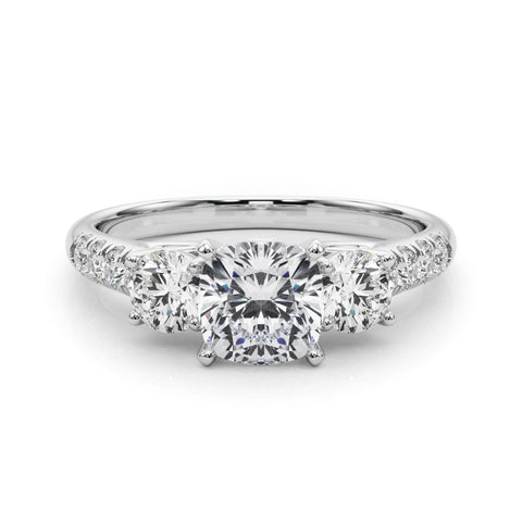 Platinum Three-Stone Cushion Cut Diamond Pavé Band with Four-Prong Setting