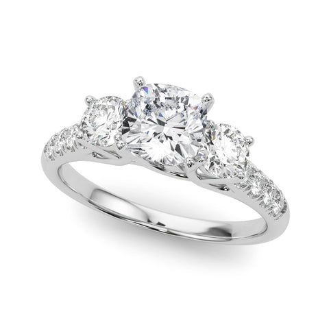 Platinum Three-Stone Cushion Cut Diamond Pavé Band with Four-Prong Setting
