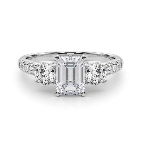 White gold Three-Stone Emerald Cut Diamond Pavé Band with Four-Prong Setting
