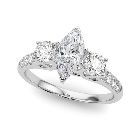 Silver Three-Stone Marquise Cut Diamond Pavé Band with Four-Prong Setting