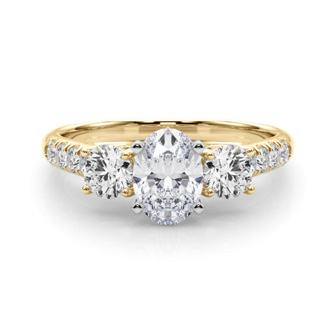 Yellow gold Three-Stone Oval Cut Diamond Pavé Band with Four-Prong Setting