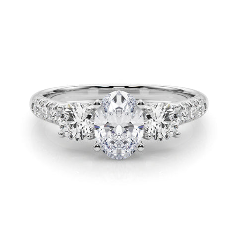Silver Three-Stone Oval Cut Diamond Pavé Band with Four-Prong Setting