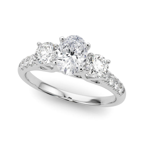 Silver Three-Stone Oval Cut Diamond Pavé Band with Four-Prong Setting