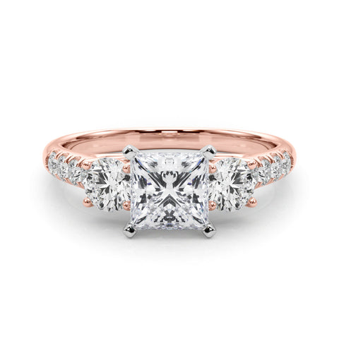Rose gold Three-Stone Princess Cut Diamond Pavé Band with Four-Prong Setting