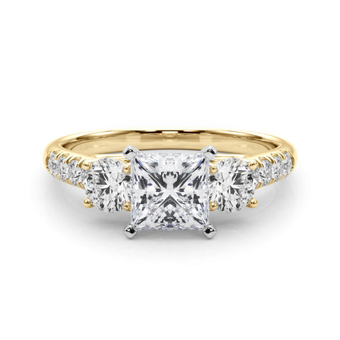 Yellow gold Three-Stone Round Cut Diamond Pavé Band with Four-Prong Setting