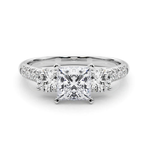 Platinum Three-Stone Round Cut Diamond Pavé Band with Four-Prong Setting