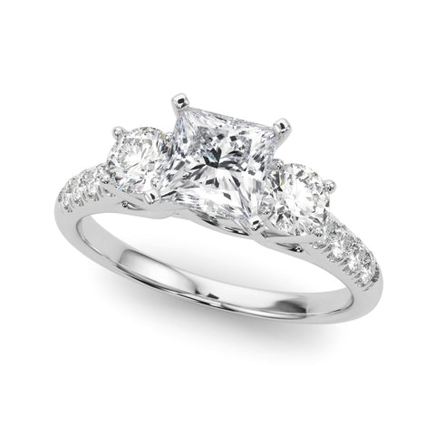 Platinum Three-Stone Round Cut Diamond Pavé Band with Four-Prong Setting