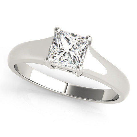 White gold Princess Cut Solitaire Ring with Split Shank and Four-Prong Setting