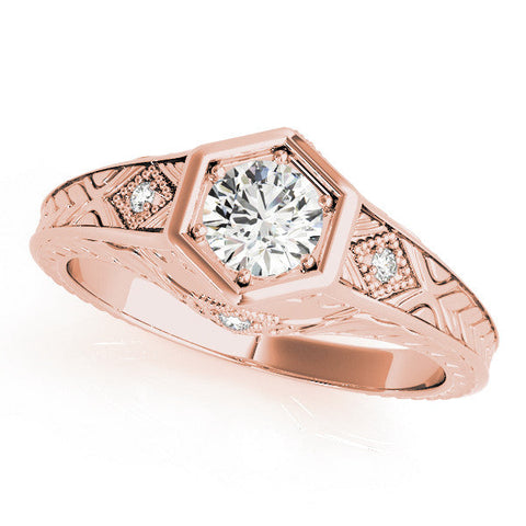 Rose gold Hexagonal Bezel Cushion Diamond Engraved Band Prong Ring