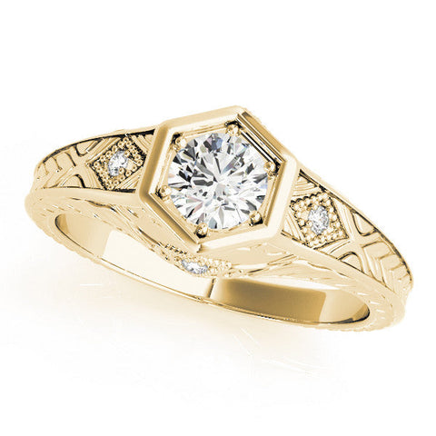 Yellow gold Hexagonal Bezel Cushion Diamond Engraved Band Prong Ring