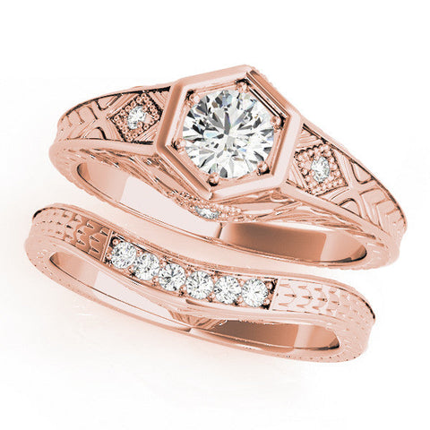 Rose gold Hexagonal Bezel Cushion Diamond Engraved Band Prong Ring