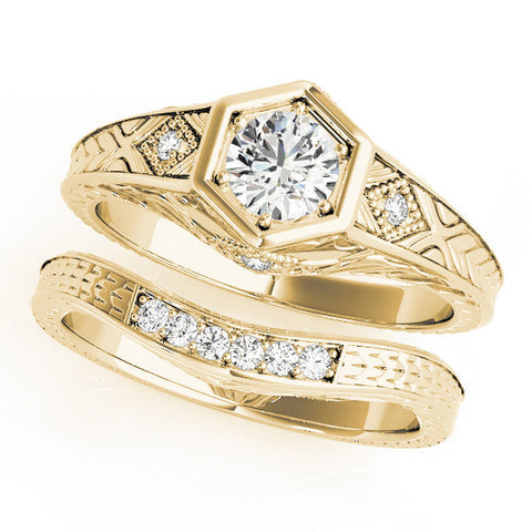 Yellow gold Hexagonal Bezel Cushion Diamond Engraved Band Prong Ring