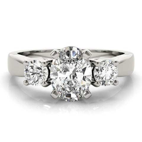 Platinum Three-Stone Oval Diamond Ring with Round Side Stones, Classic Band, and Four-Prong Setting
