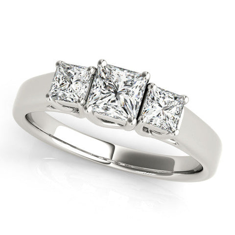Platinum Three-Stone Princess Cut Diamond Engagement Ring with Channel Set Band and Four-Prong Setting