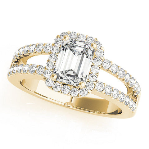 Yellow gold Cushion Cut Halo Split Shank Diamond Ring with Four-Prong Setting