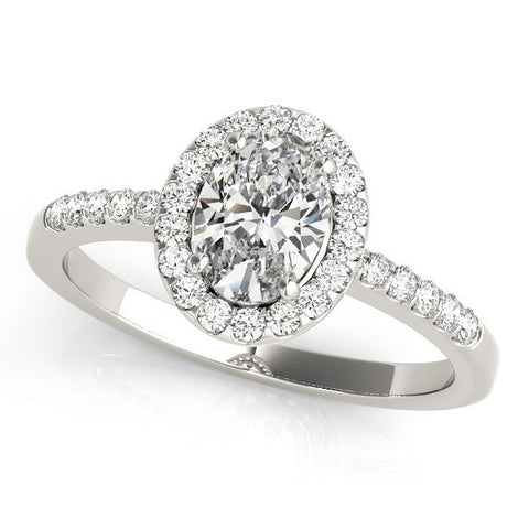 Platinum Oval Halo Diamond Engagement Ring with Pavé Band and Four-Prong Setting