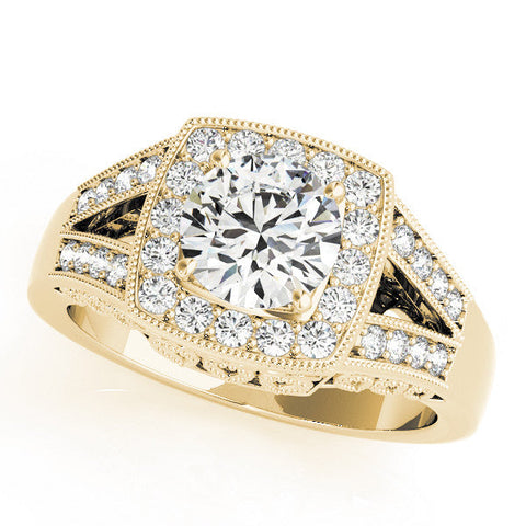 Yellow gold Cushion Halo Split Shank Diamond Ring with Milgrain Prong Setting