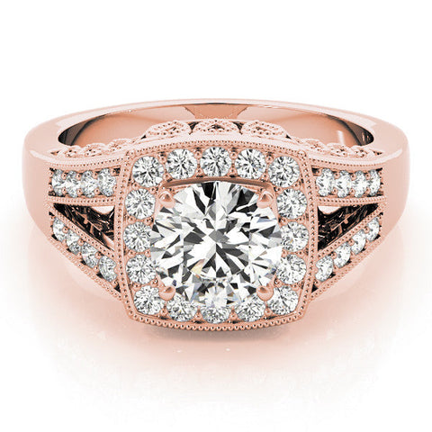 Rose gold Cushion Halo Split Shank Diamond Ring with Milgrain Prong Setting