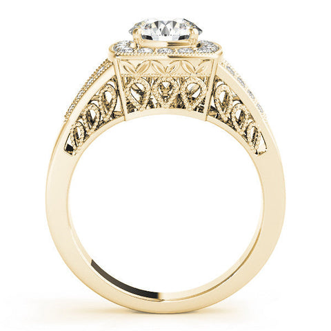 Yellow gold Cushion Halo Split Shank Diamond Ring with Milgrain Prong Setting