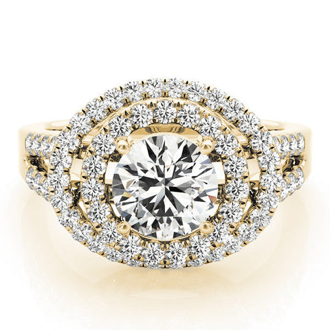 Yellow gold Double Halo Round Diamond Split Shank Prong Setting Ring