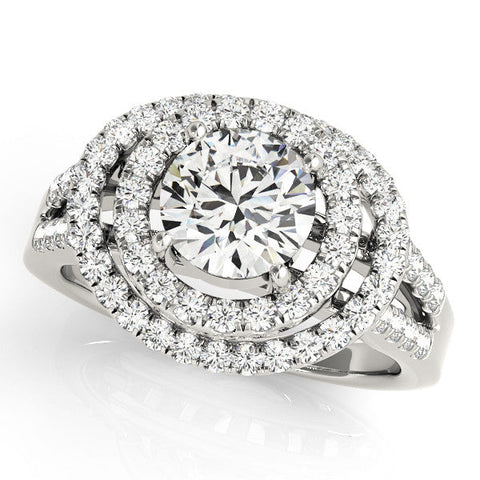 Platinum Double Halo Round Diamond Split Shank Prong Setting Ring