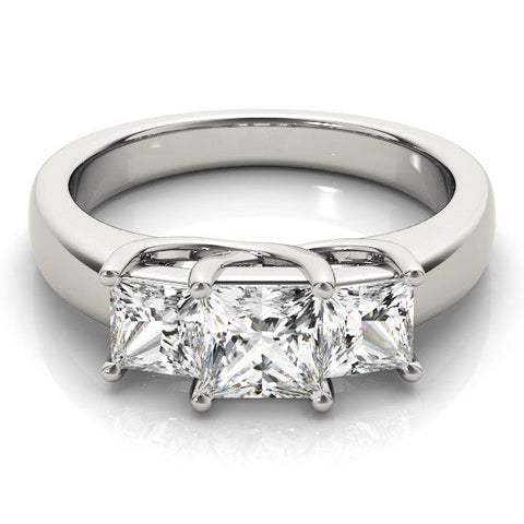 Platinum Three-Stone Princess Cut Diamond Ring with Cathedral Band and Four-Prong Setting