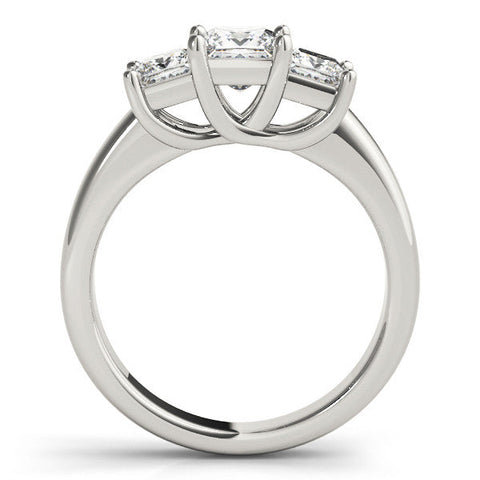 Platinum Three-Stone Princess Cut Diamond Ring with Cathedral Band and Four-Prong Setting