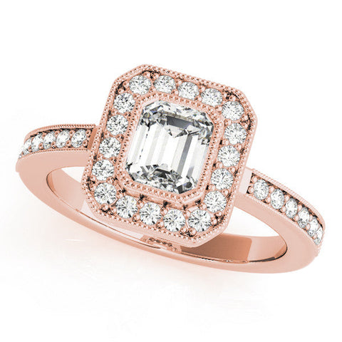 Rose gold Emerald-Cut Halo Diamond Ring with Pavé Band and Milgrain Prong Setting