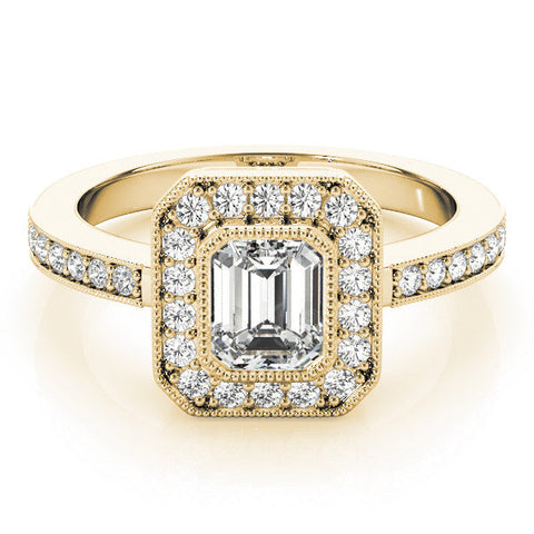 Yellow gold Marquise-Cut Halo Diamond Ring with Pavé Band and Milgrain Prong Setting