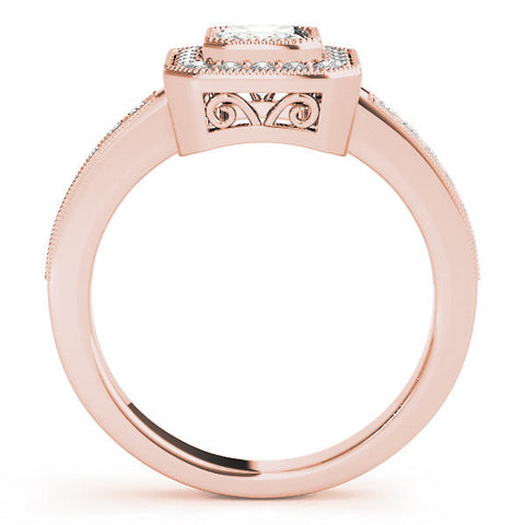 Rose gold Round-Cut Halo Diamond Ring with Pavé Band and Milgrain Prong Setting