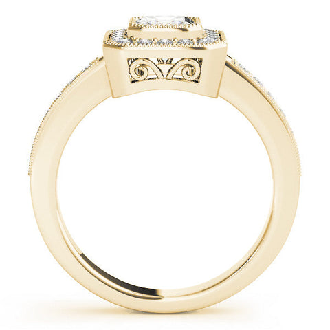 Yellow gold Marquise-Cut Halo Diamond Ring with Pavé Band and Milgrain Prong Setting
