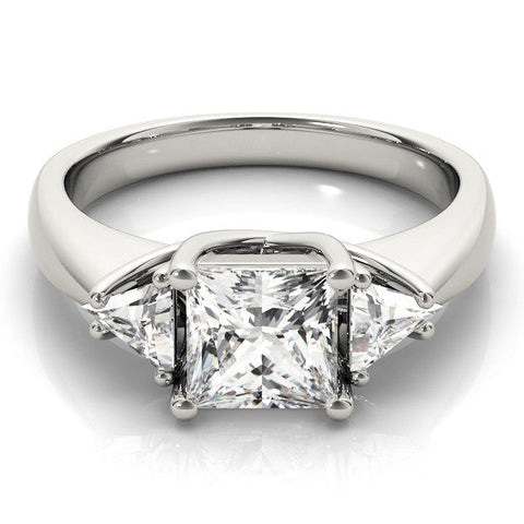White gold Three-Stone Princess Cut Diamond Ring with Trillion Side Stones and Four-Prong Setting
