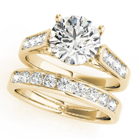 Yellow gold Round Solitaire Cathedral Diamond Engagement Ring with Channel-Set Band and Four-Prong Setting