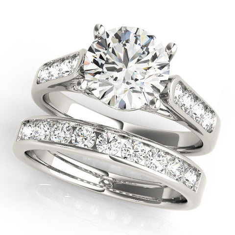 Platinum Round Solitaire Cathedral Diamond Engagement Ring with Channel-Set Band and Four-Prong Setting