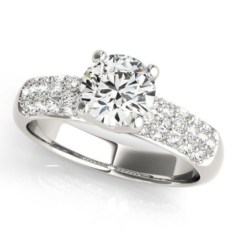 Platinum Round Diamond Pavé Band Solitaire Ring with Four-Prong Setting
