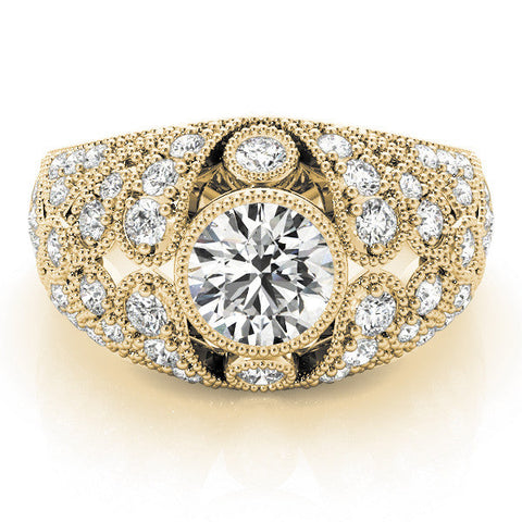 Yellow gold Round Brilliant Halo Pave Diamond Milgrain Ring