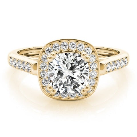 Yellow gold Cushion Halo Diamond Ring with Split Shank and Four-Prong Setting