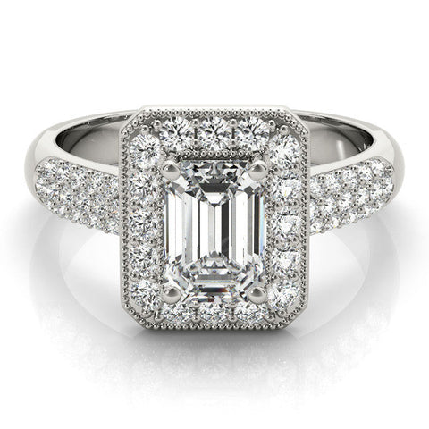 Platinum Emerald Cut Halo Diamond Pave Band with Four-Prong Setting