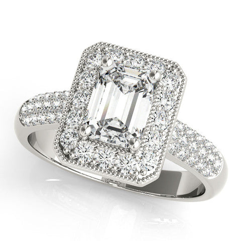 Platinum Emerald Cut Halo Diamond Pave Band with Four-Prong Setting