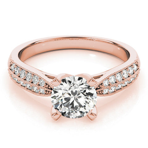 Rose gold Round Solitaire Diamond Ring with Milgrain Pavé Band and Four-Prong Setting